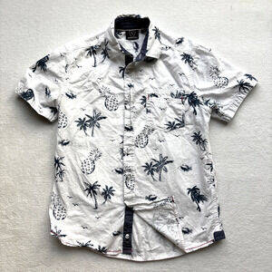 Burnside‎ Men Hawaiian Shirt Medium Short Sleeve Palm Tree Pineaple Fish